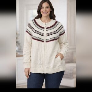 CJ Banks Women’s 4X Cream Fair Isle Zip Front Sweater Nordic Knit Cardigan